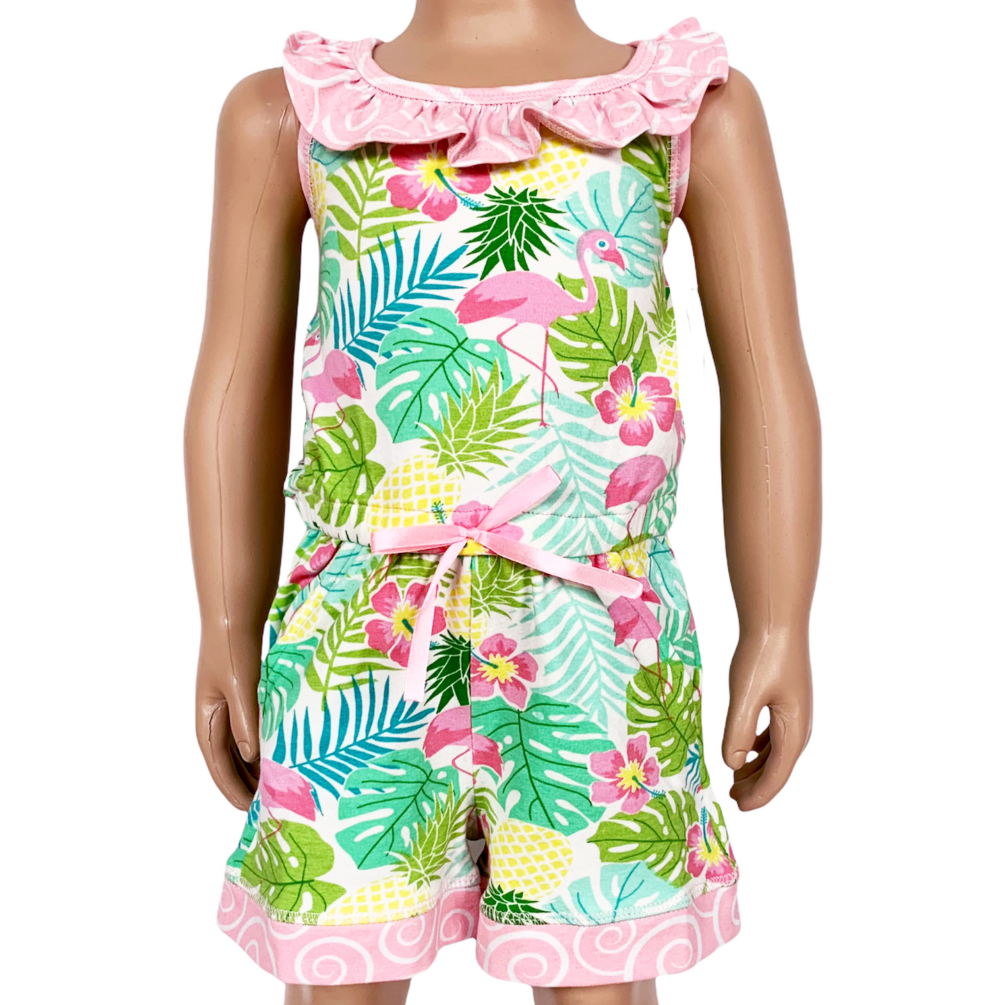 AnnLoren Little & Big Girls Pink Flamingo Palm Tree Kids Shorts Jumpsuit