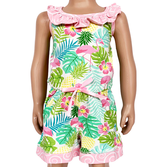 AnnLoren Little & Big Girls Pink Flamingo Palm Tree Kids Shorts Jumpsuit