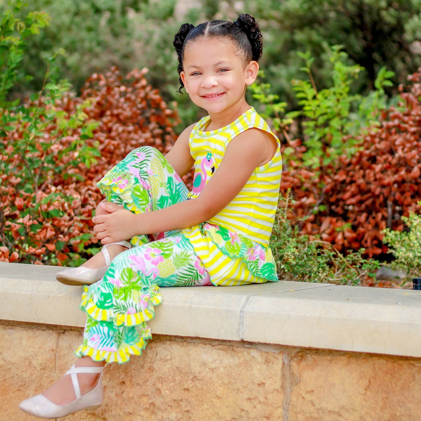 AnnLoren Big Little Girls' Pink Flamingo Palm Striped Tunic & Capri Pants Toddler Holiday Outfit