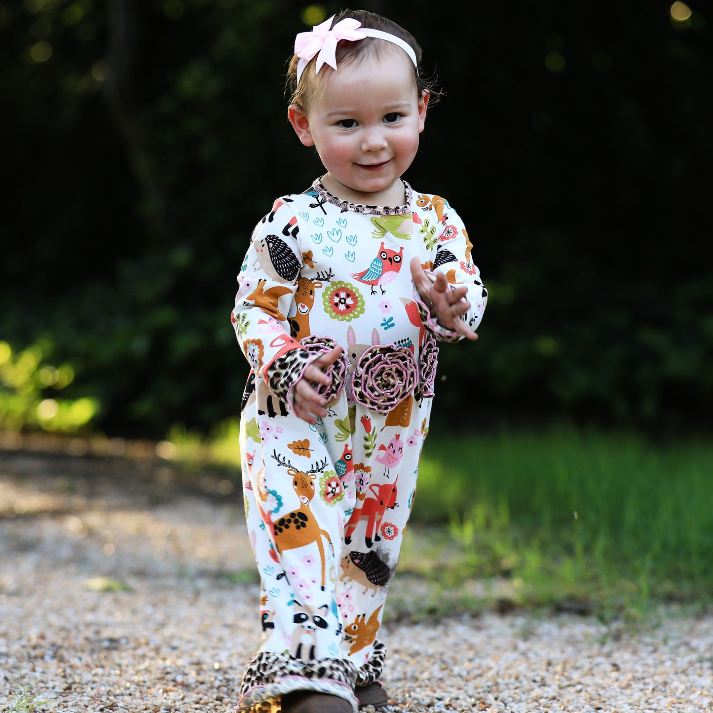 AnnLoren Girls Long Sleeve Forest Animal Friends Baby Toddler Romper