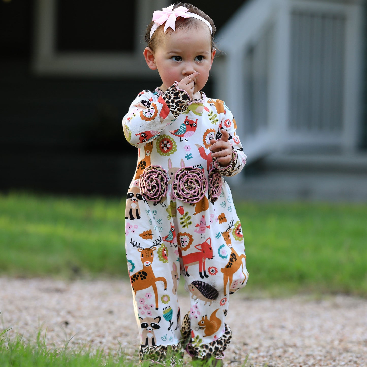 AnnLoren Girls Long Sleeve Forest Animal Friends Baby Toddler Romper