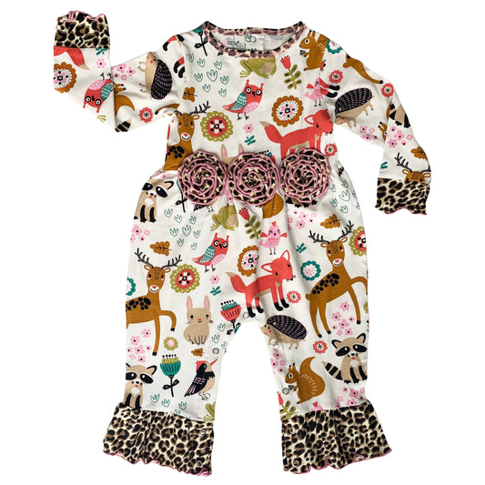 AnnLoren Girls Long Sleeve Forest Animal Friends Baby Toddler Romper