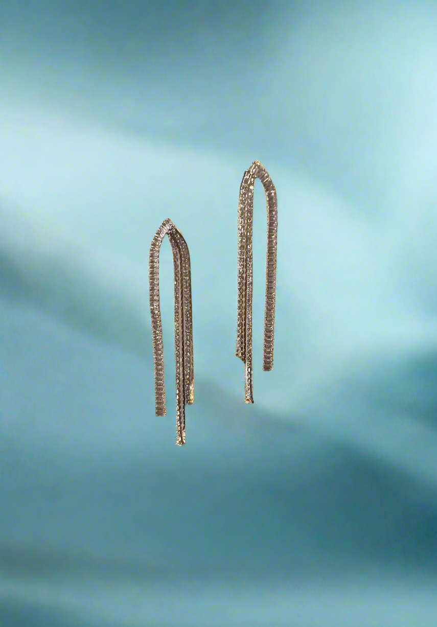 Calla Collection TR-11024 earrings, stylish gold-tone dangle earrings with intricate design, displayed on a white background.