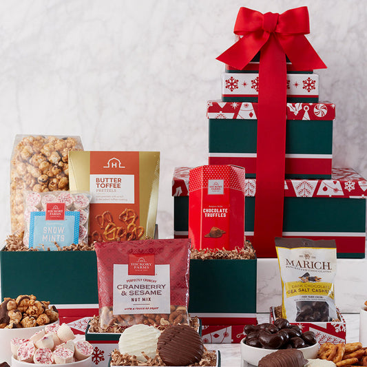 Christmas gift tower basket by GreatArrivals/WineCountry featuring festive wrapped gifts and holiday treats.