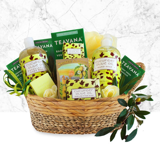 Spa Retreat gift basket with natural cucumber and olive oil products, featuring soothing spa essentials in a stylish gift basket.
