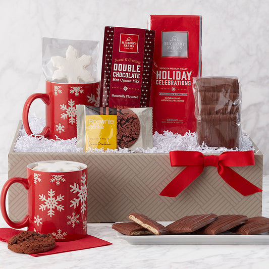 Snowflake Surprise gift basket by GreatArrivals with coffee, desserts, and treats in a festive holiday box.