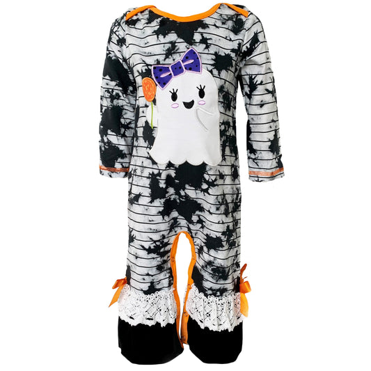 AnnLoren Baby Toddler Girls Black Tie Dye Adorable Ghost Halloween Romper