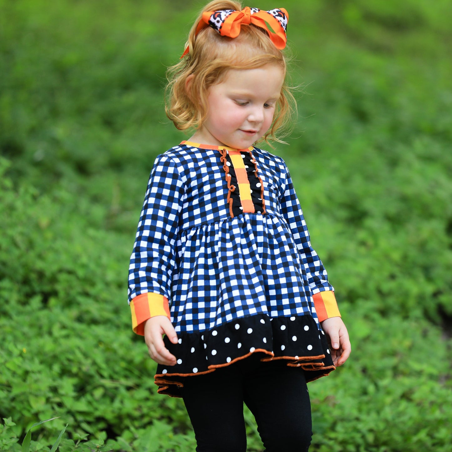 AnnLoren Girls Autumn Black and White Gingham Dress & Leggings Outfit