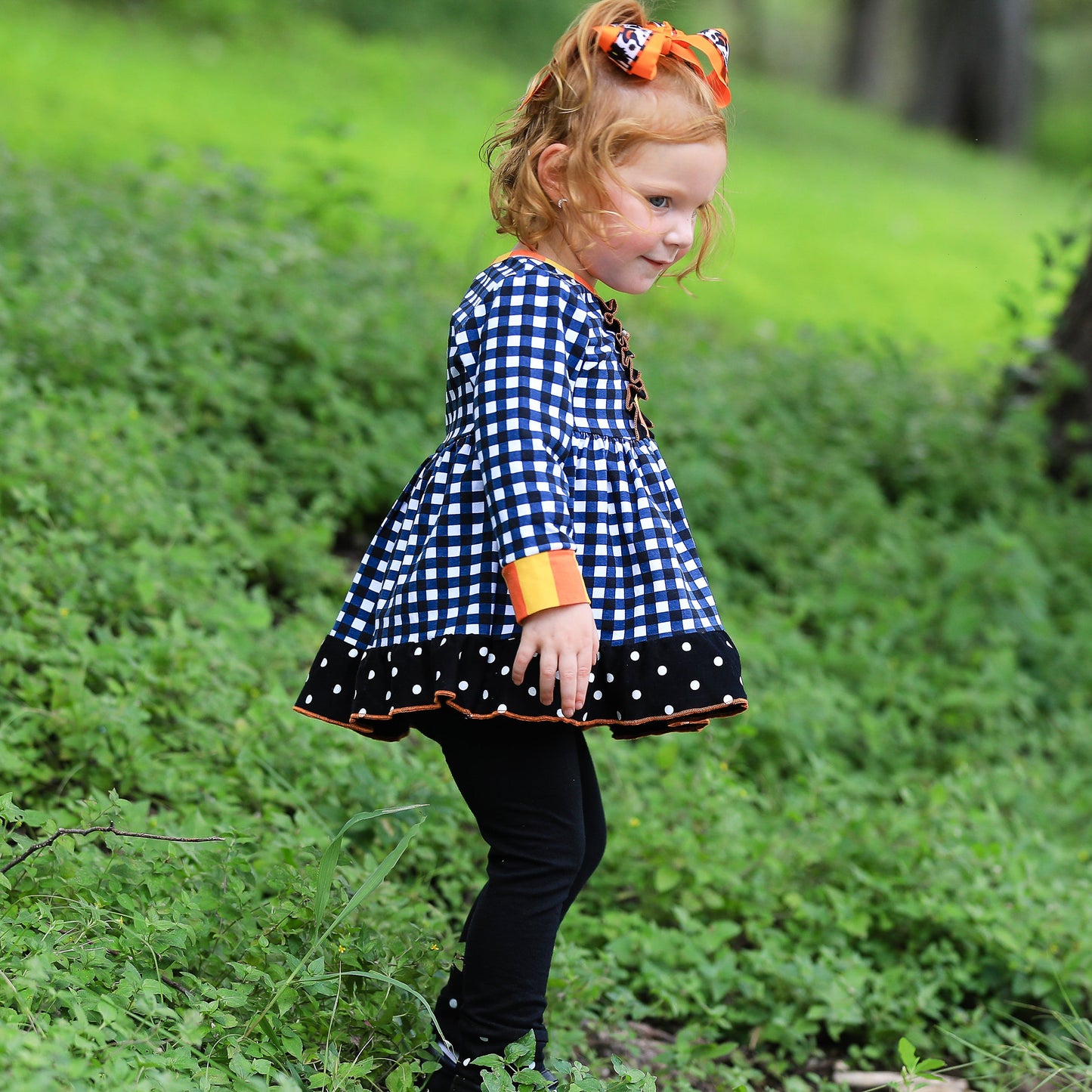 AnnLoren Girls Autumn Black and White Gingham Dress & Leggings Outfit