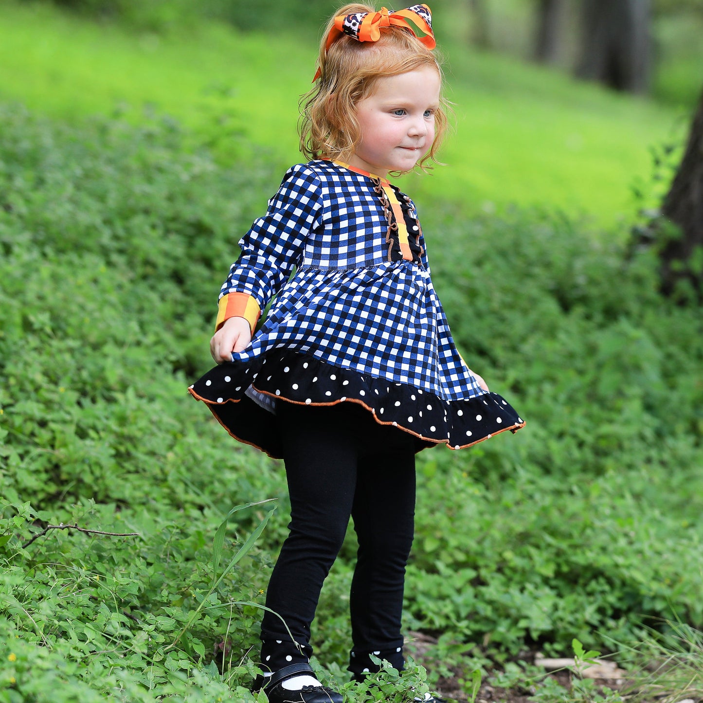 AnnLoren Girls Autumn Black and White Gingham Dress & Leggings Outfit