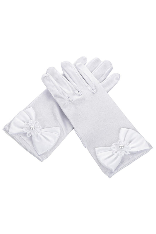 White satin wrist-length gloves with satin bow for girls, stylish Kid's Dream gloves perfect for special occasions or dress-up.