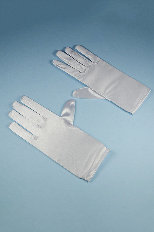 White satin wrist-length gloves for children, soft and elegant, designed by Kid's Dream for special occasions.