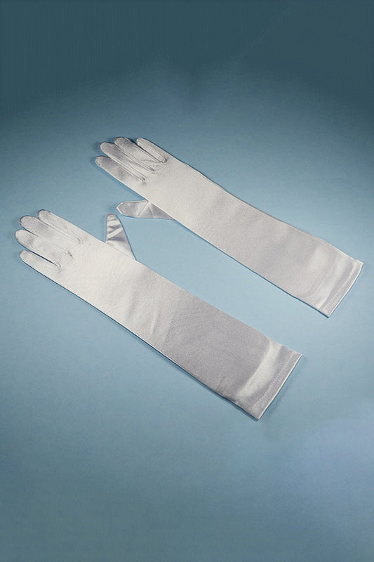 White satin elbow-length gloves for girls by Kid's Dream, shown draped over a mannequin hand for elegant fashion styling.