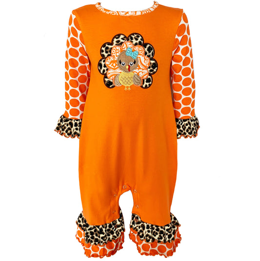 AnnLoren Baby Girls Orange Turkey Thanksgiving Autumn Holiday Cotton Romper