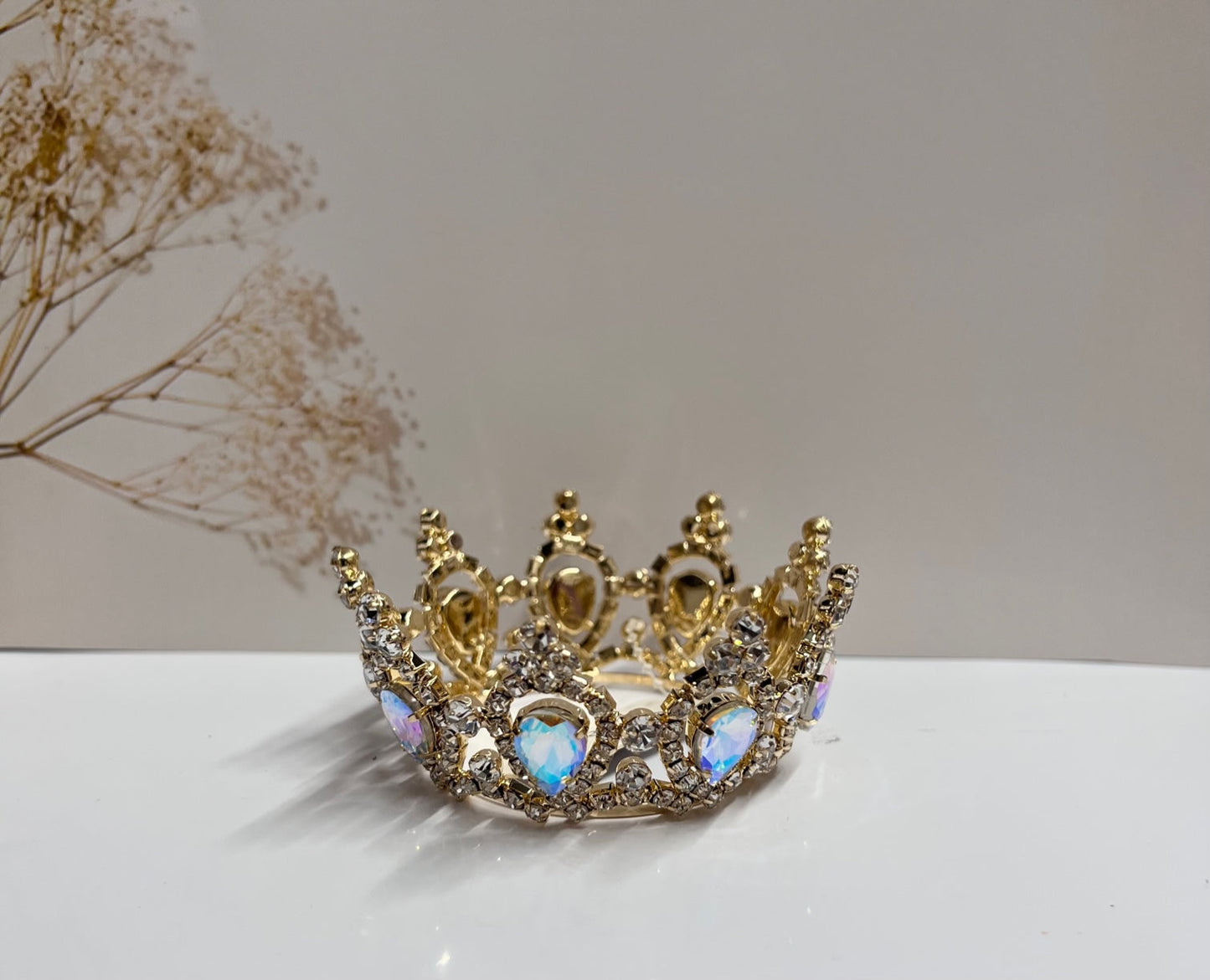 Calla Collection crown TR-40337 gold small crown for special occasions, featuring intricate jewelry design and delicate craftsmanship.