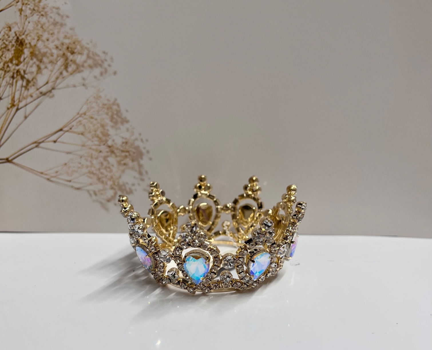 Calla Collection crown TR-40337 gold small crown for special occasions, featuring intricate jewelry design and delicate craftsmanship.