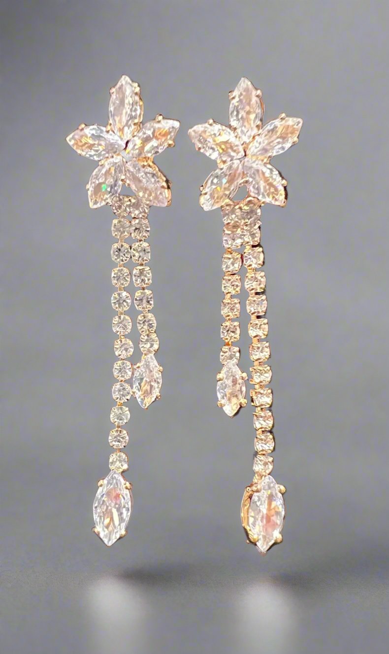 Gold Calla Collection flower dangle earrings with delicate, formal design featuring elegant floral accents and intricate detailing.