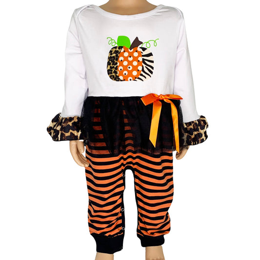 Baby Girls Orange Pumpkin Thanksgiving Autumn Leopard Holiday Cotton Romper - AL Limited