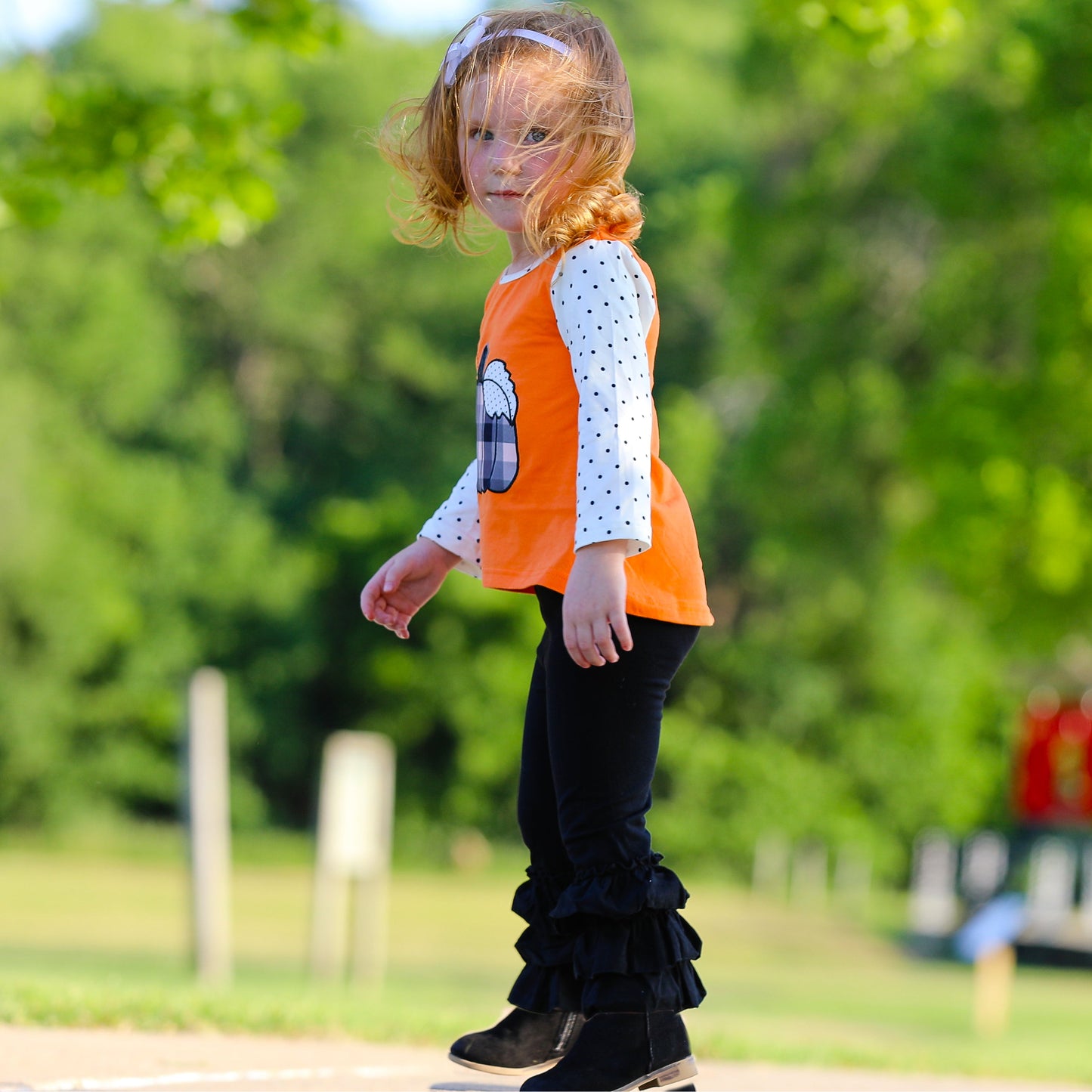 Girls Orange Pumpkin Top & Black Ruffle Pants Halloween Thanksgiving Ouitfit
