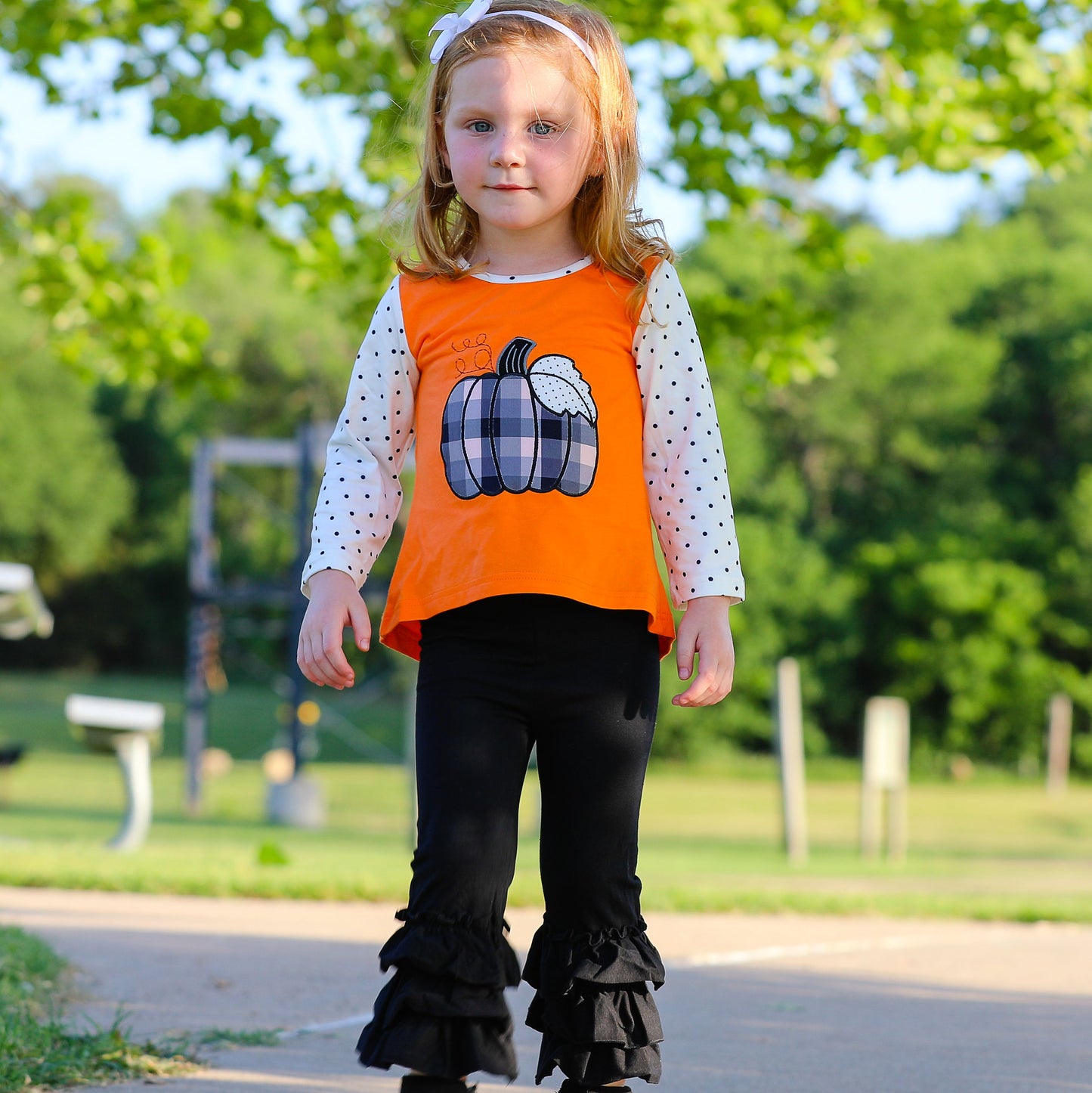 Girls Orange Pumpkin Top & Black Ruffle Pants Halloween Thanksgiving Ouitfit