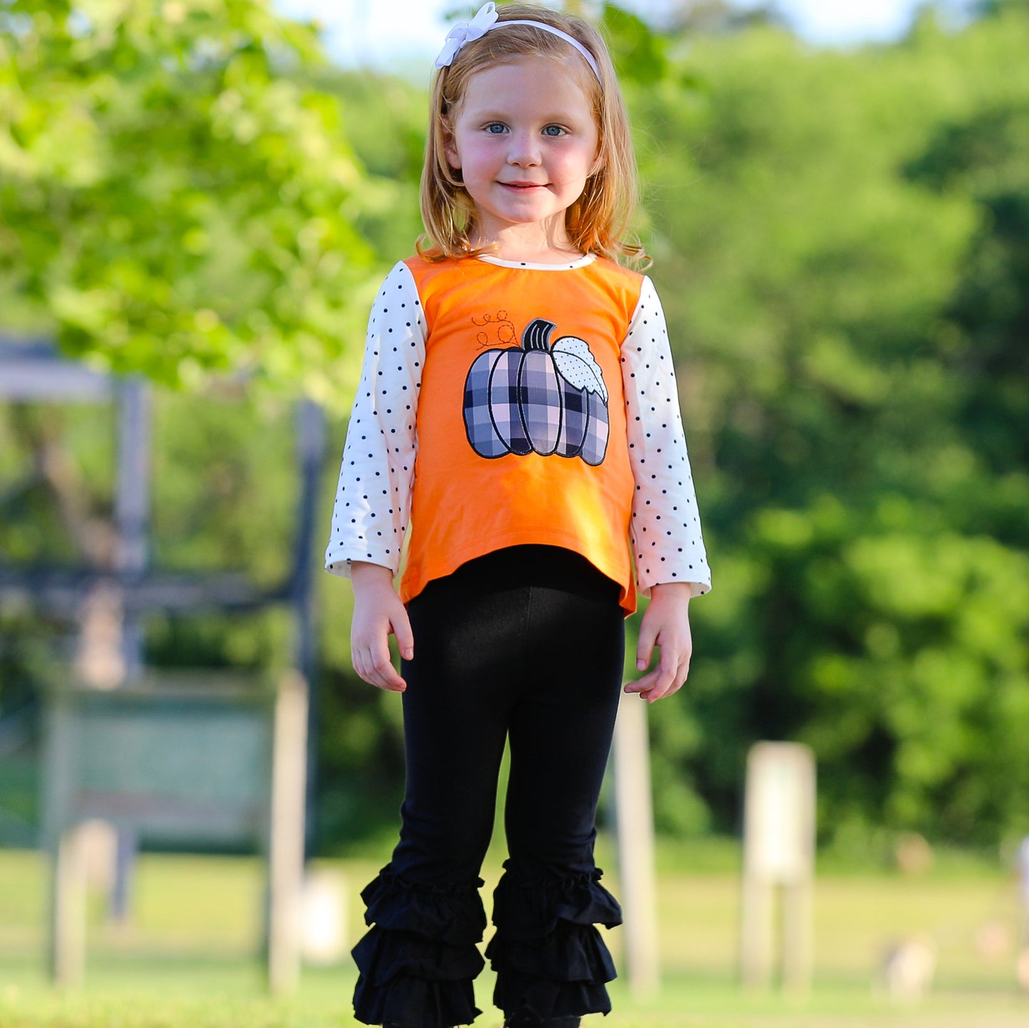 Girls Orange Pumpkin Top & Black Ruffle Pants Halloween Thanksgiving Ouitfit