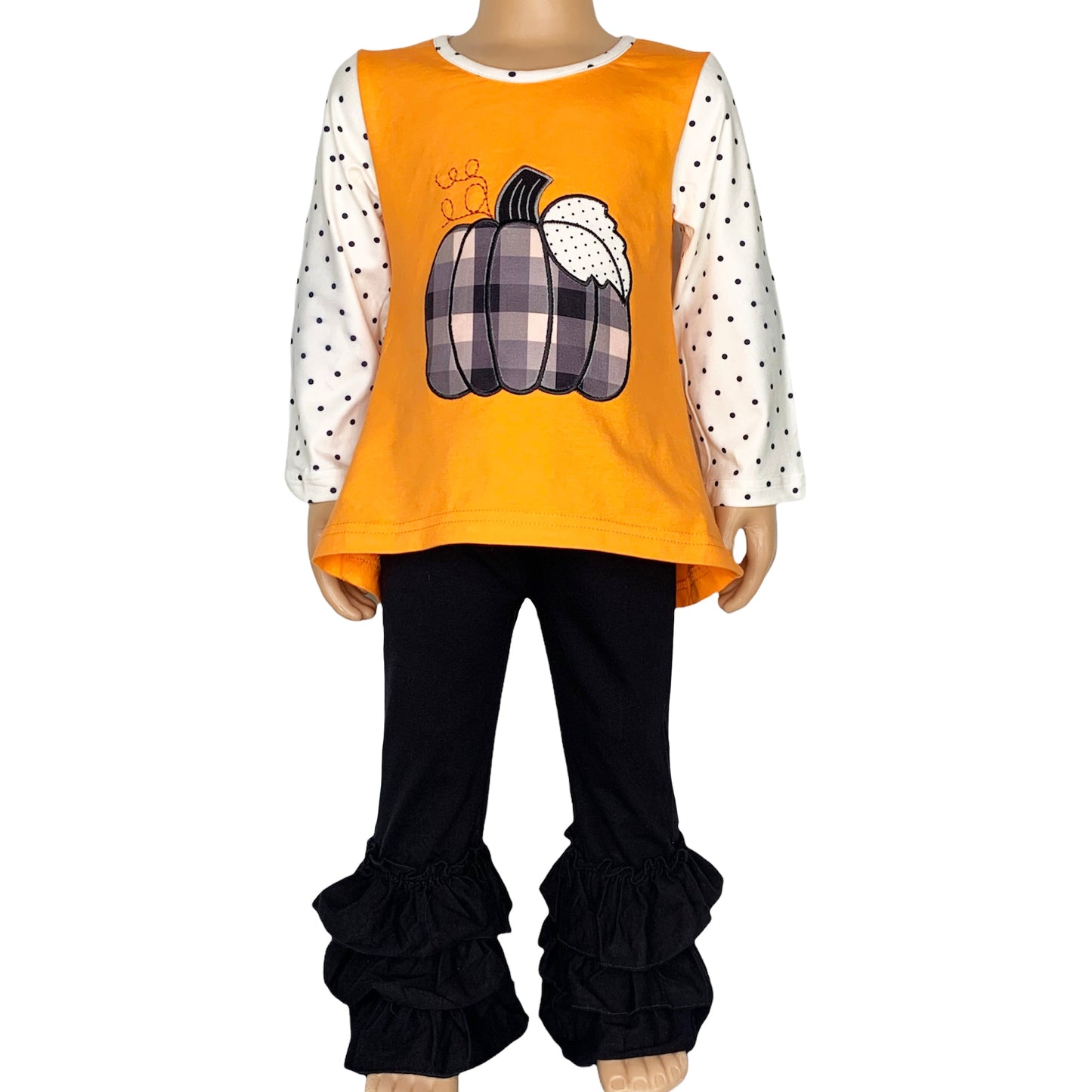 Girls Orange Pumpkin Top & Black Ruffle Pants Halloween Thanksgiving Ouitfit