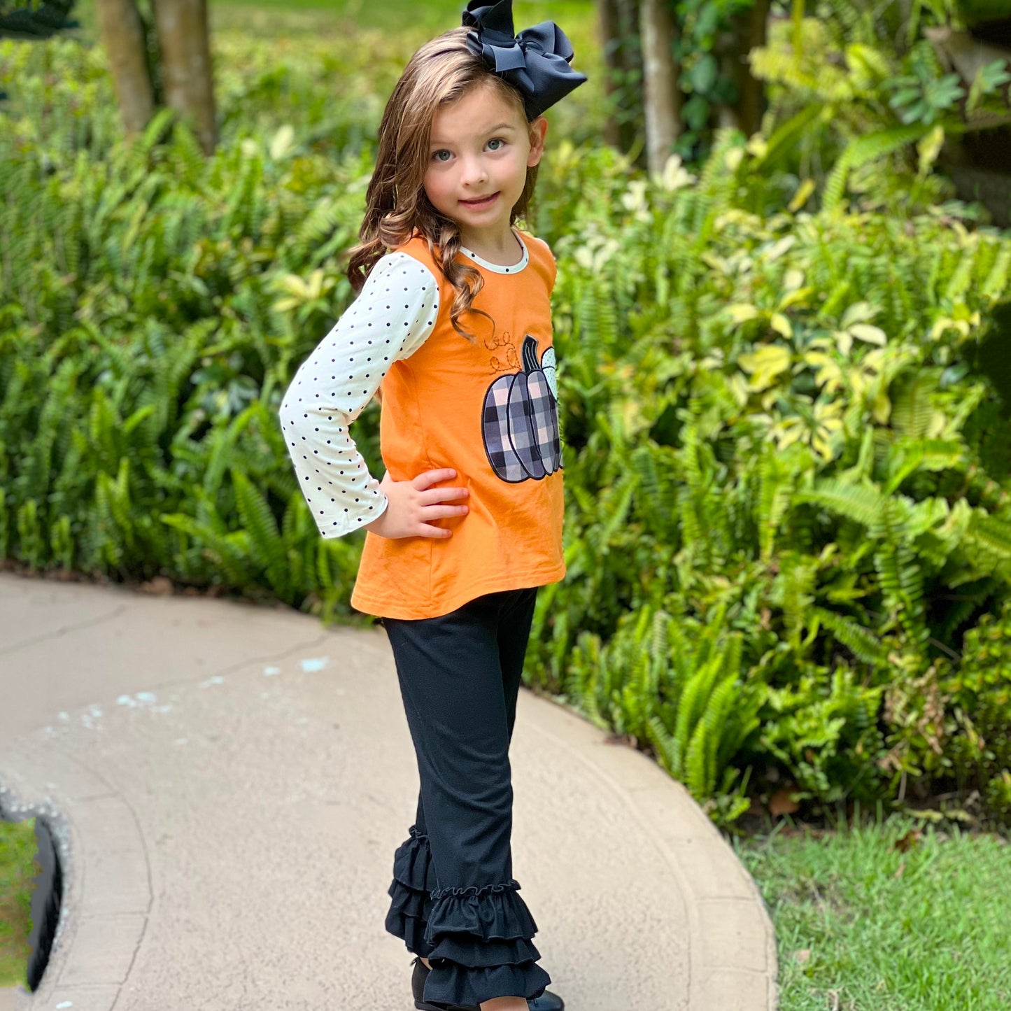 Girls Orange Pumpkin Top & Black Ruffle Pants Halloween Thanksgiving Ouitfit