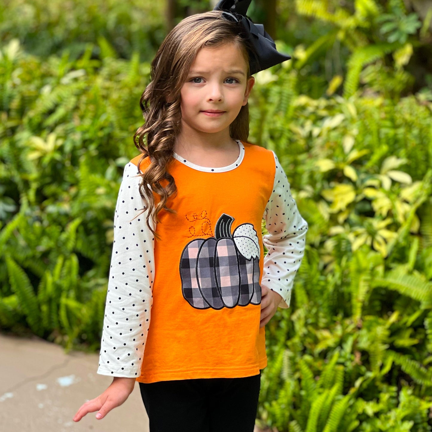 Girls Orange Pumpkin Top & Black Ruffle Pants Halloween Thanksgiving Ouitfit