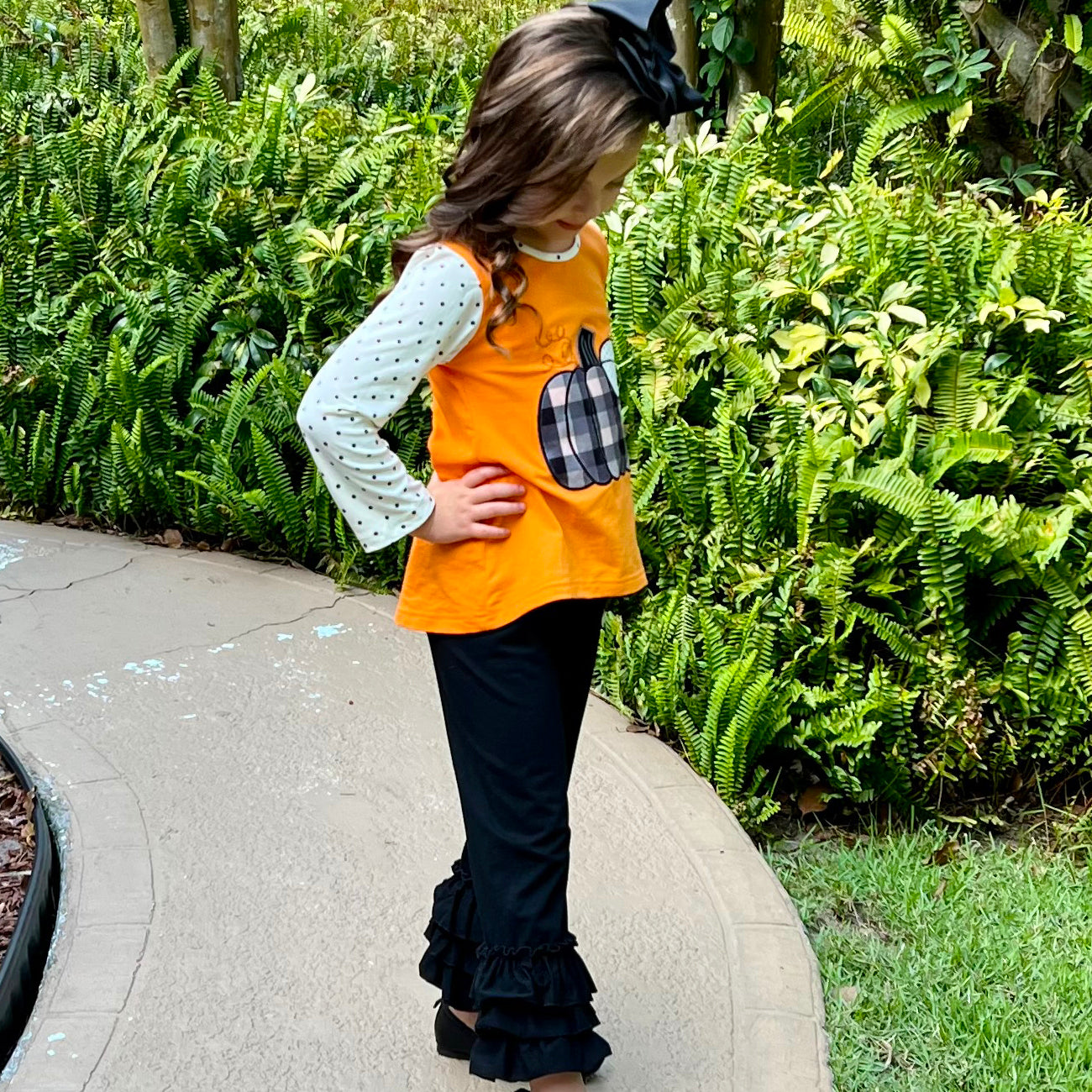 Girls Orange Pumpkin Top & Black Ruffle Pants Halloween Thanksgiving Ouitfit
