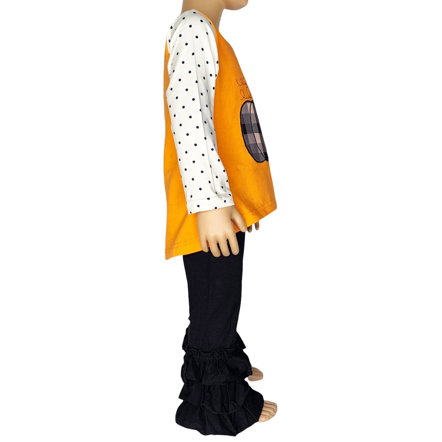 Girls Orange Pumpkin Top & Black Ruffle Pants Halloween Thanksgiving Ouitfit