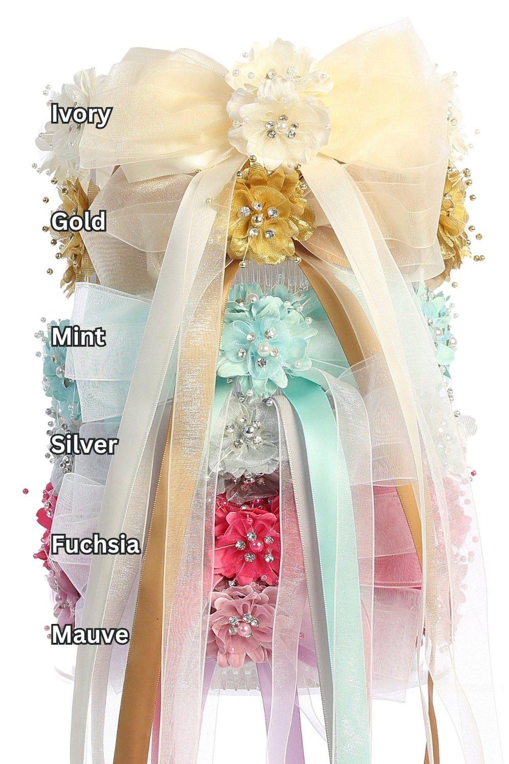 Kid's Dream flower crown with colorful gems and ribbons, featuring delicate floral and decorative embellishments.