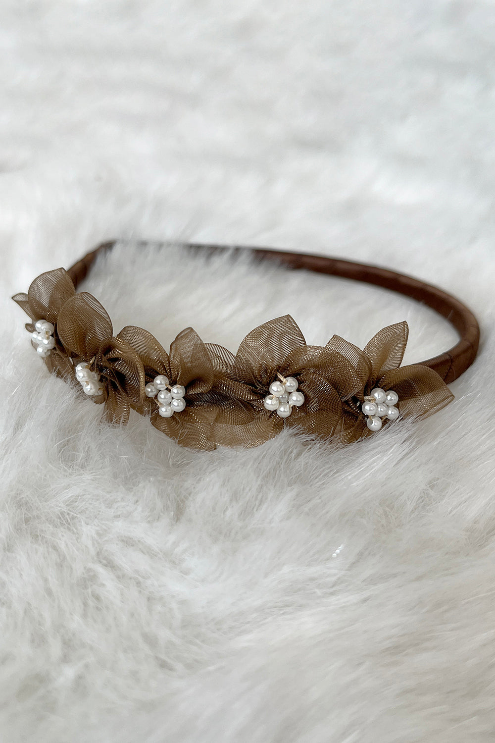 Brown organza flower headband with pearl accents, a stylish kids' accessories piece from Kid's Dream featuring delicate floral design.