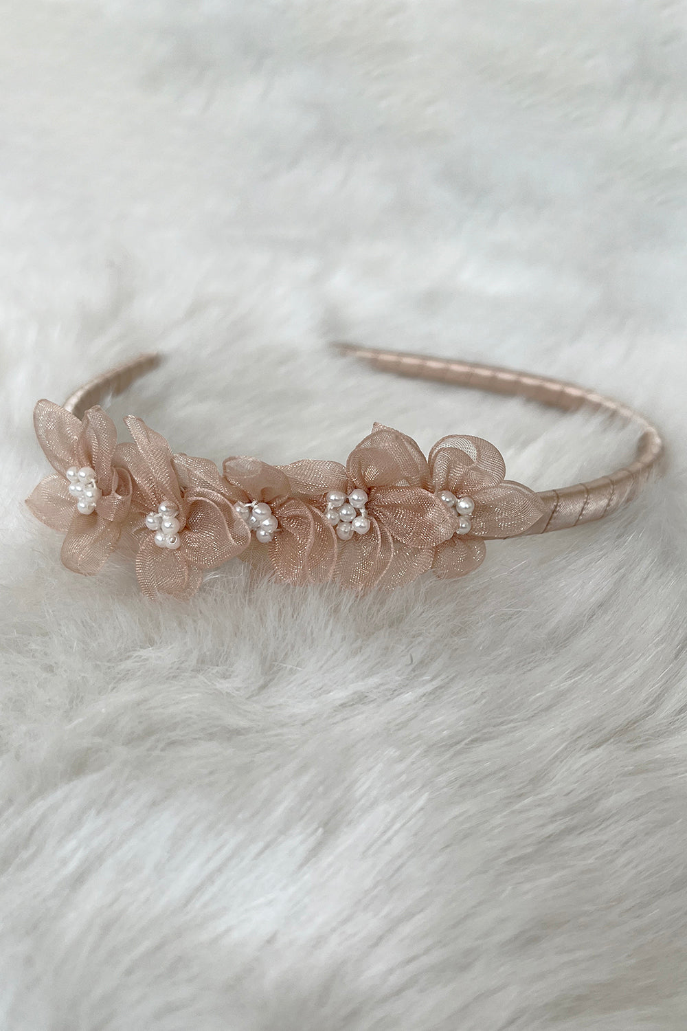 Kid's Dream champagne organza flower headband with pearl detailing, perfect for accessories and special occasions.