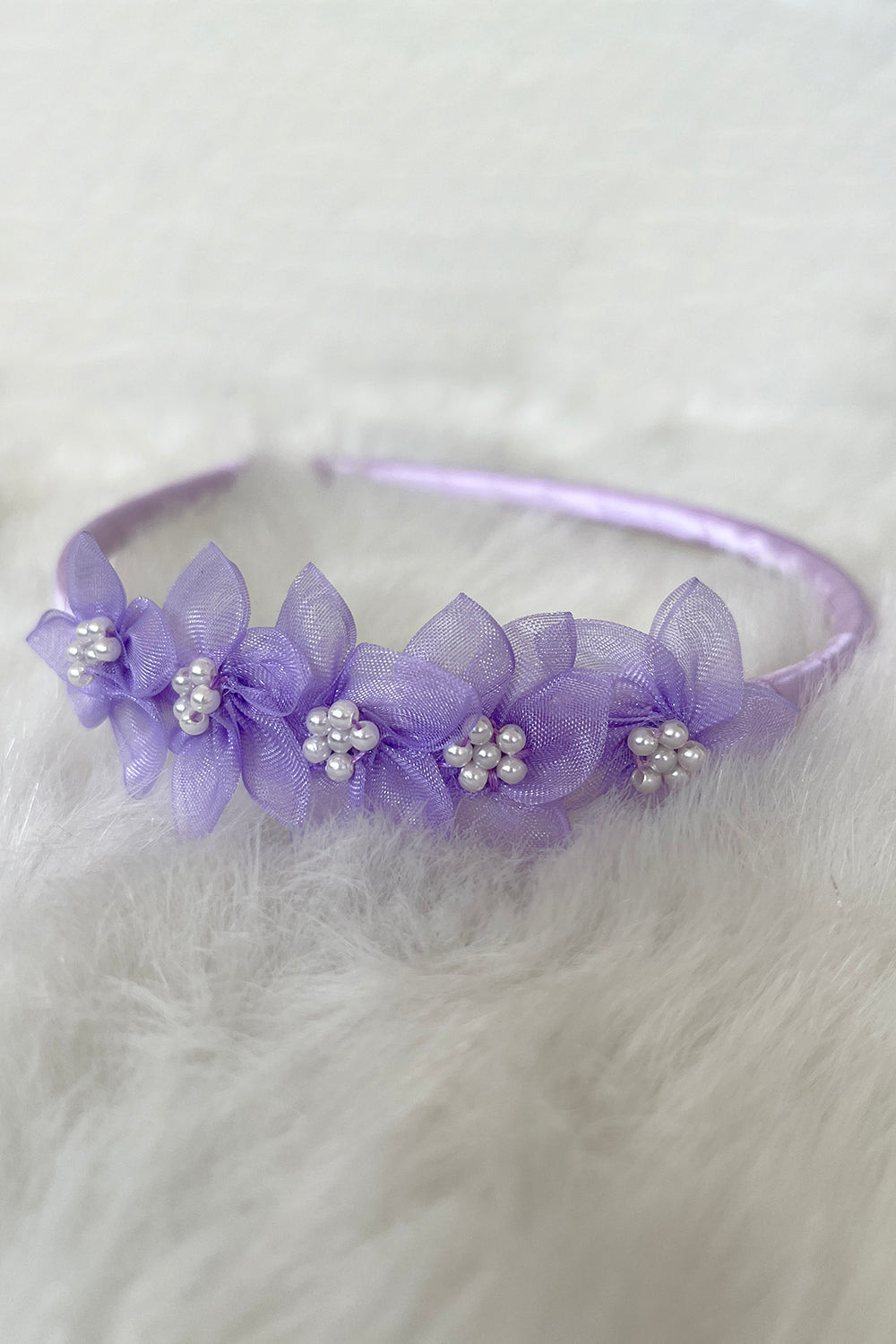 Lavender organza flower headband with pearl detailing, stylish accessories by Kid's Dream for children's fashion.