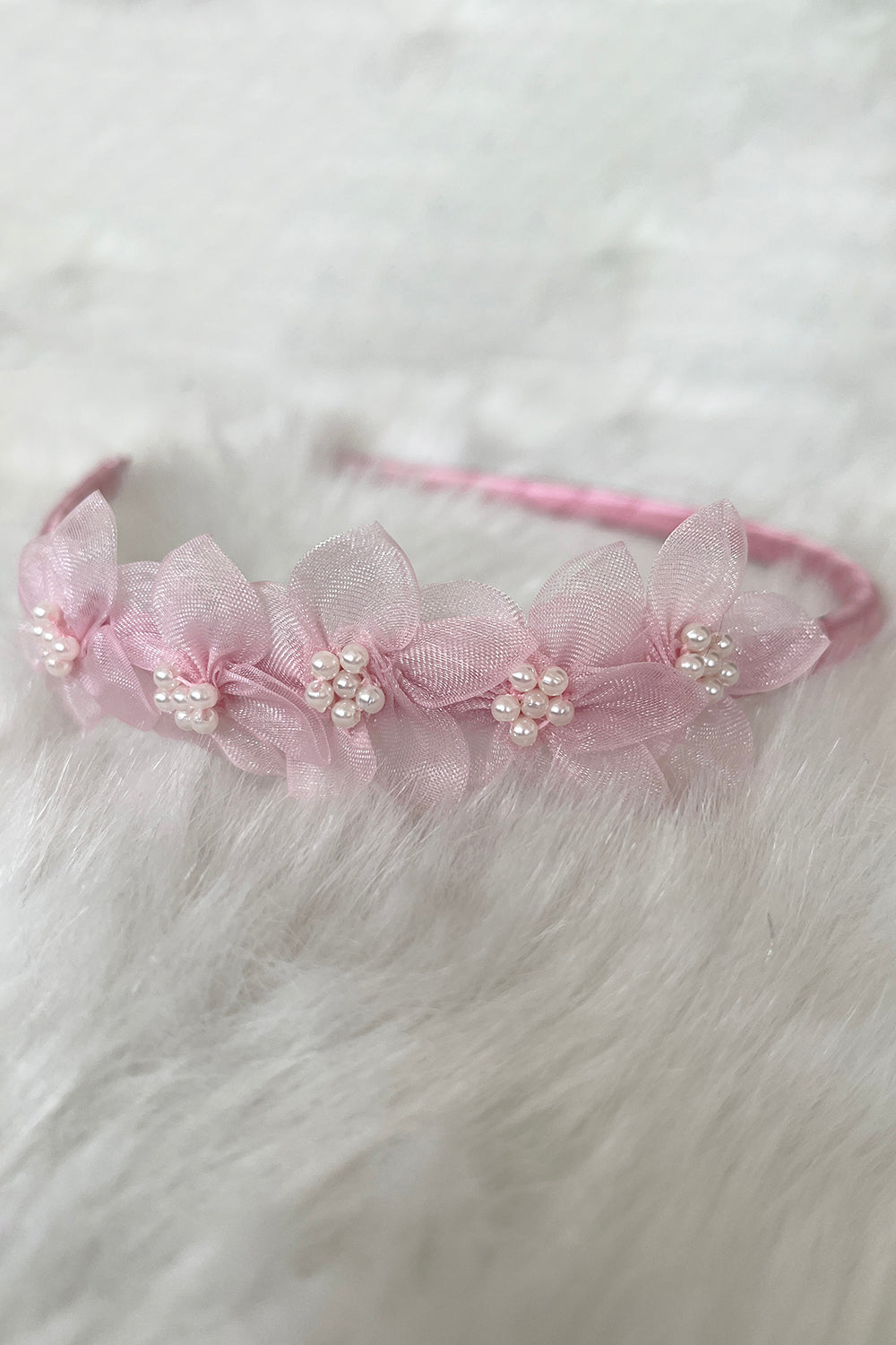Pink organza flower headband with pearl accents, Kid's Dream accessories for girls, featuring delicate floral and pearl detailing.