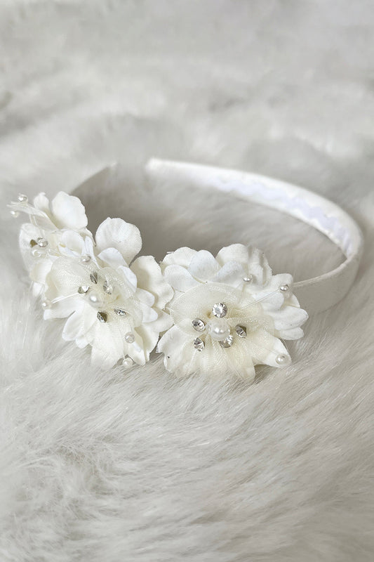 Ivory satin headband with decorative flowers and sparkling gems, perfect for children's accessories by Kid's Dream.