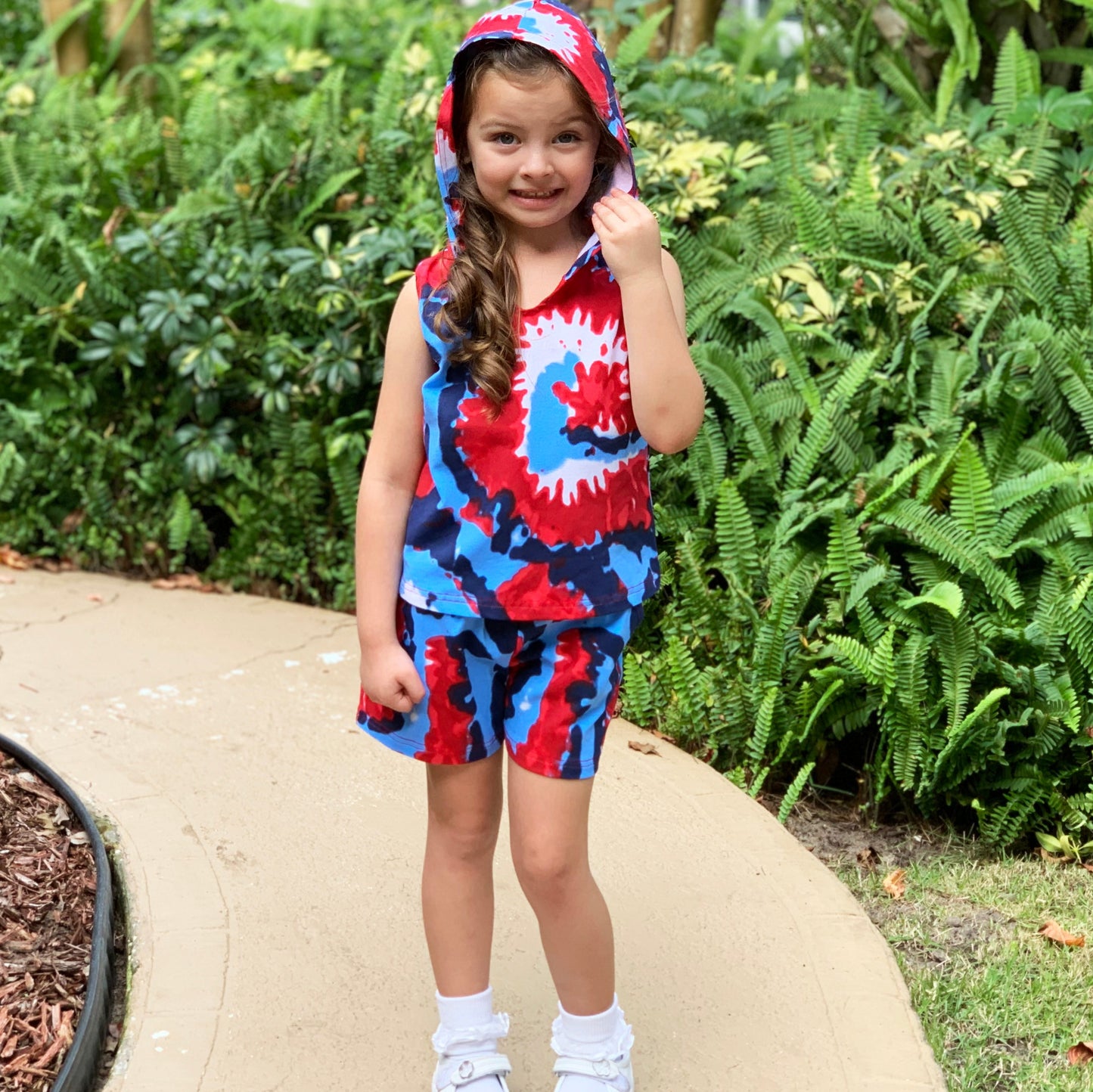 AnnLoren Girls Red White & Blue Tie Dye Hoodie Tank and Shorts Set 4th of July