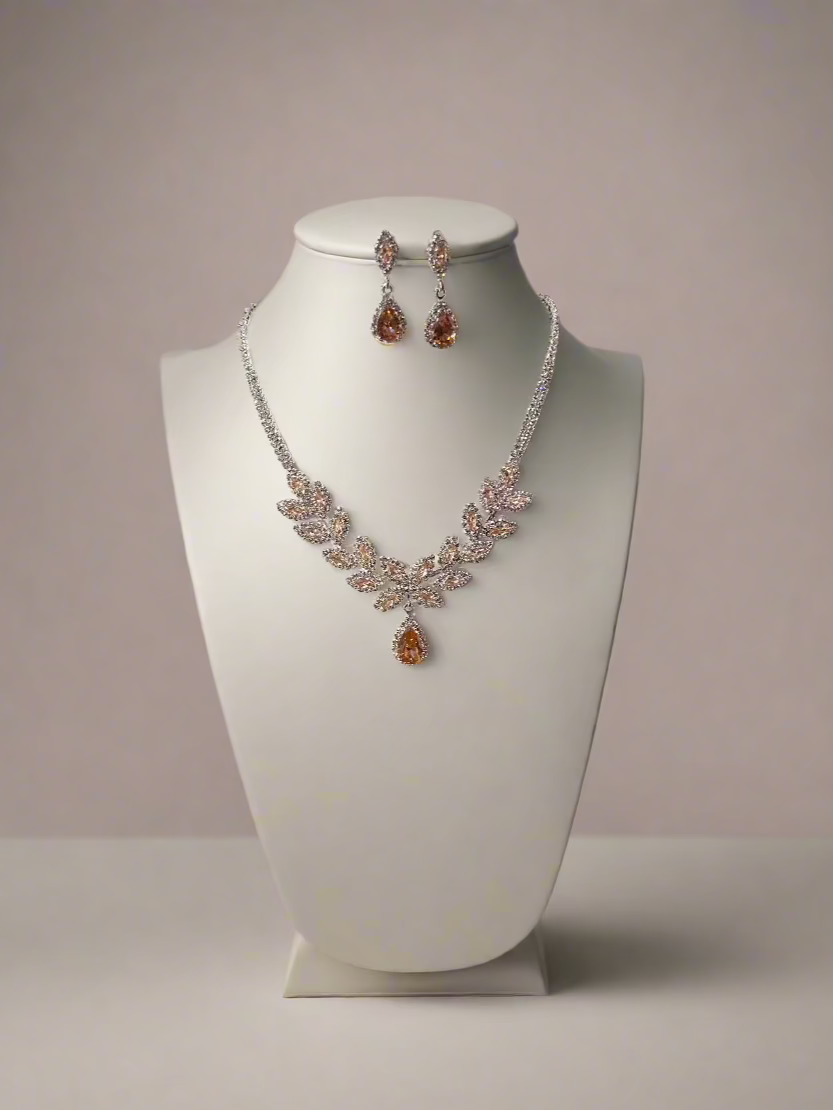 Calla Collection TR-22183 coordinating necklace and earrings set with elegant jewelry design, featuring silver-tone metal and intricate detailing.
