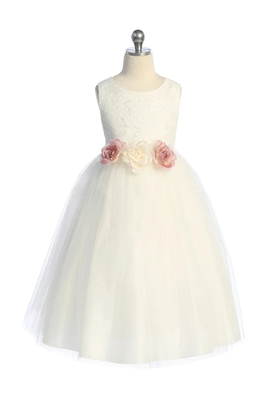 Long lace illusion girls' dress with three decorative flowers, featuring delicate lace details and a flowing design by Kid's Dream.