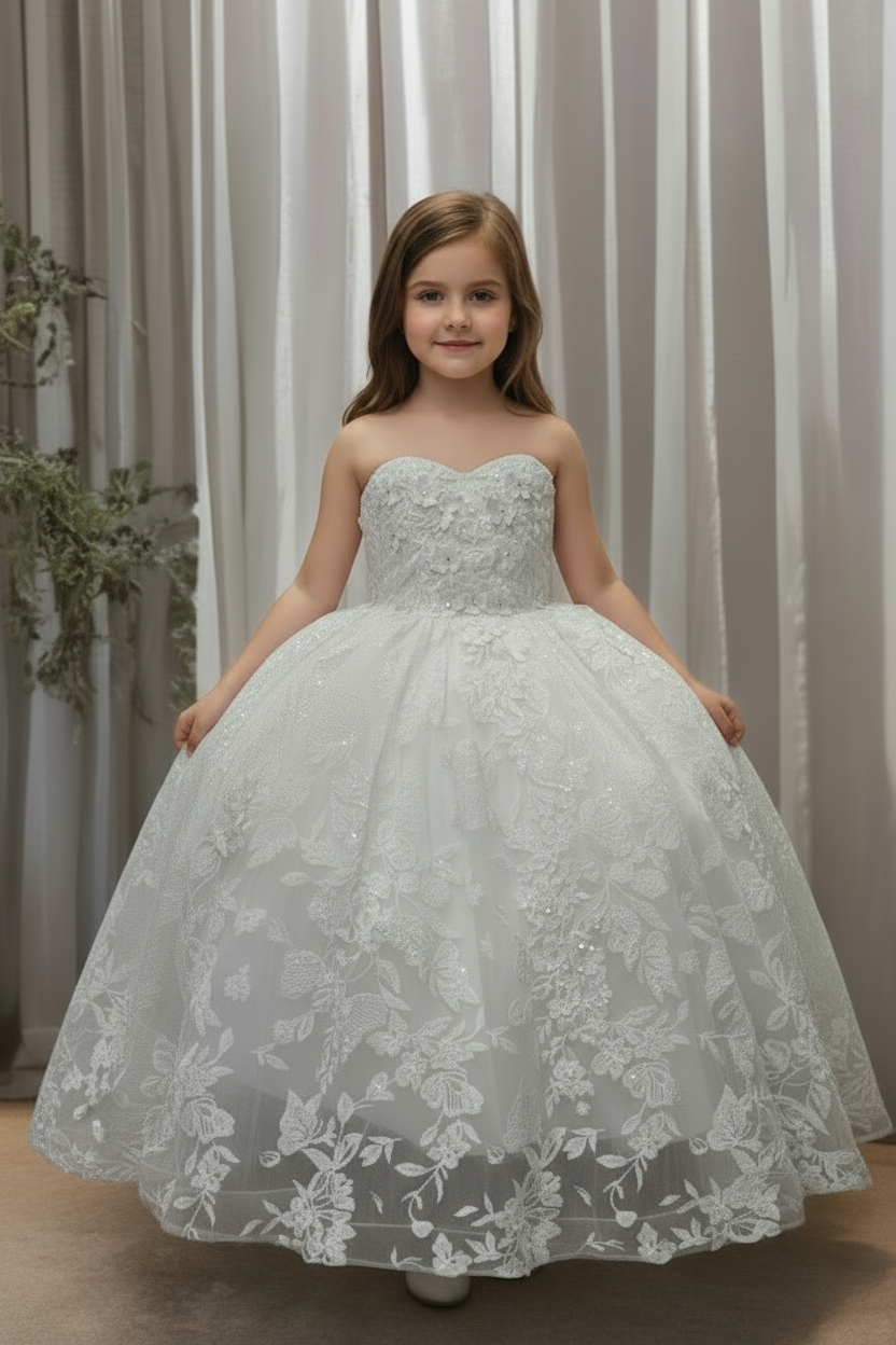 Beautifully detailed front panel showcasing a whimsical blending of raised 3D flowers and intricate butterfly motifs on the Calla Collection SCK-323 gown.