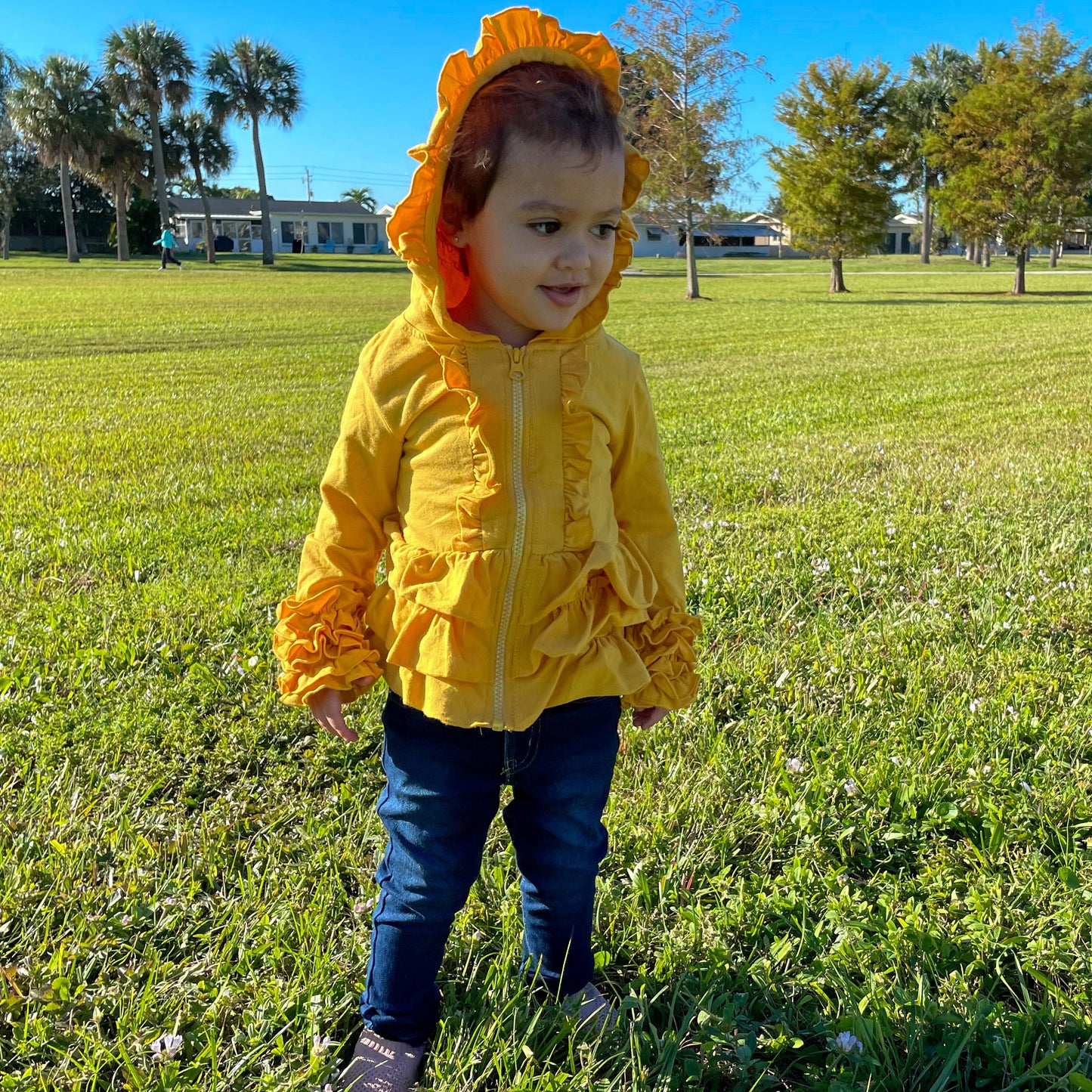 Girls Mustard Yellow Ruffle Hoodie Zipper Jacket Camp School