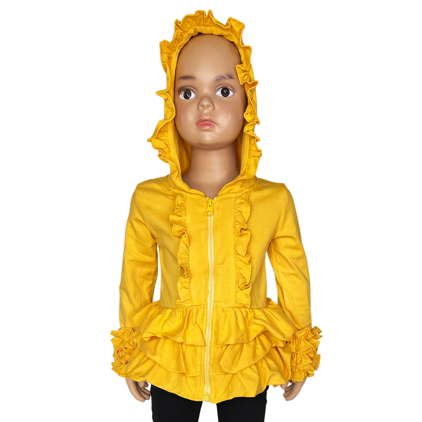 Girls Mustard Yellow Ruffle Hoodie Zipper Jacket Camp School