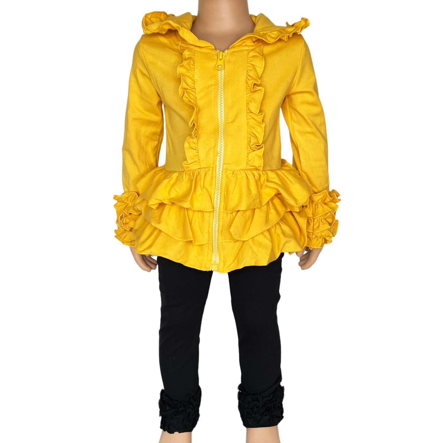 Girls Mustard Yellow Ruffle Hoodie Zipper Jacket Camp School