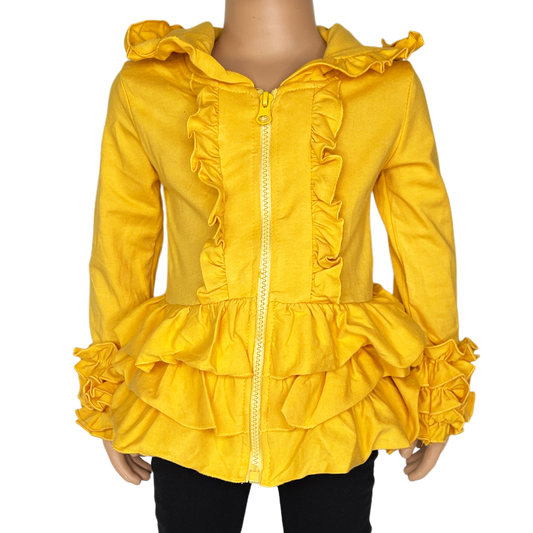 Girls Mustard Yellow Ruffle Hoodie Zipper Jacket Camp School