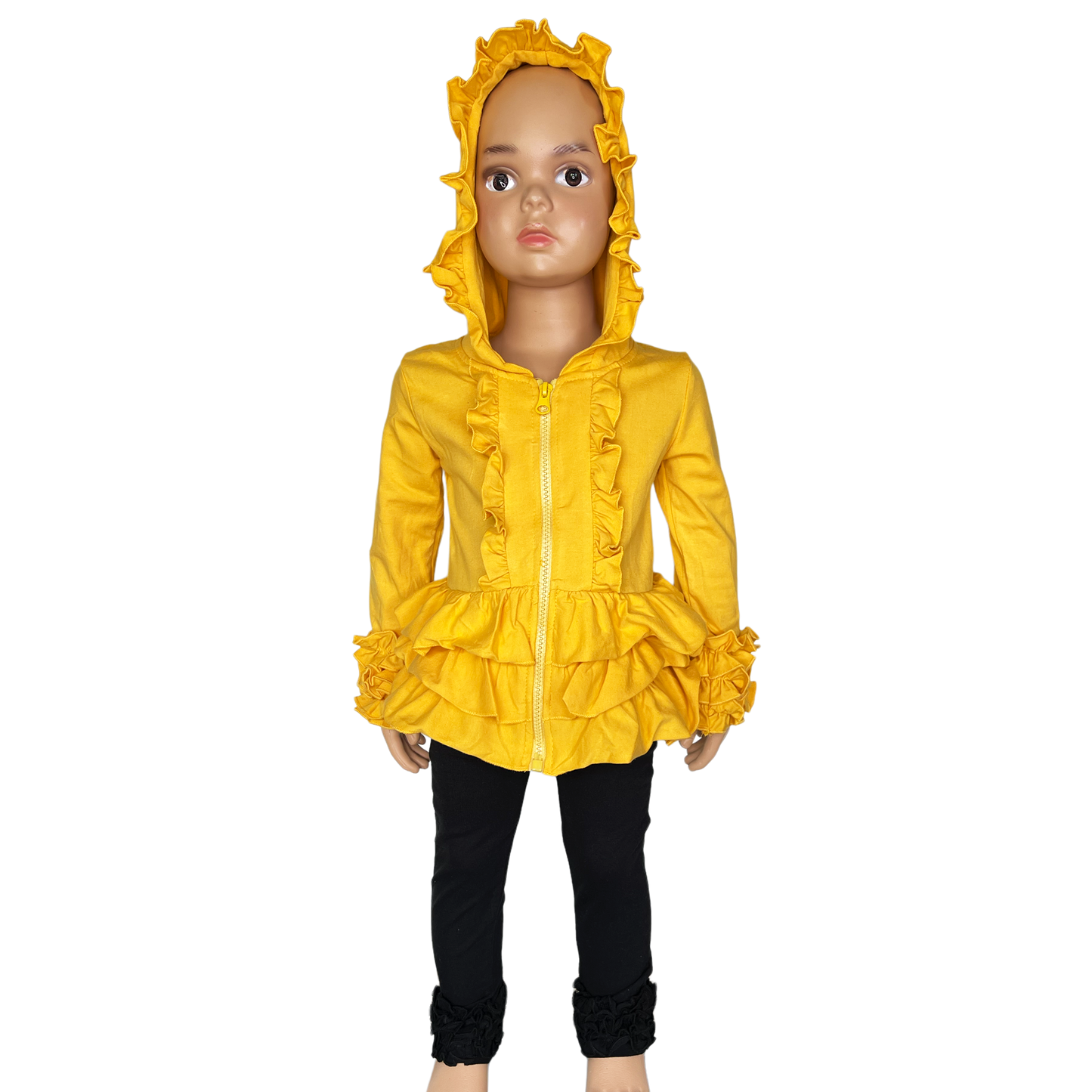 Girls Mustard Yellow Ruffle Hoodie Zipper Jacket Camp School