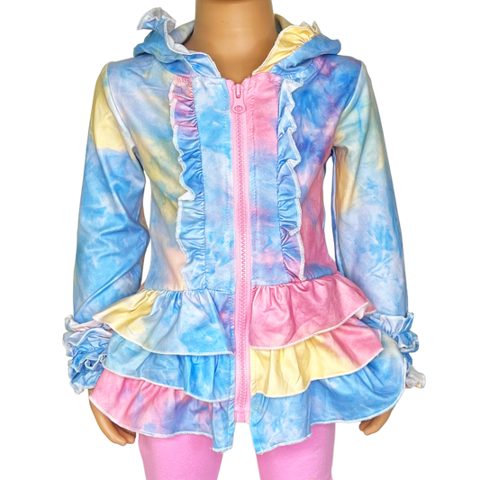 Girls Tie Dye Pink Blue Yellow Ruffle Hoodie Zipper Jacket sz 3