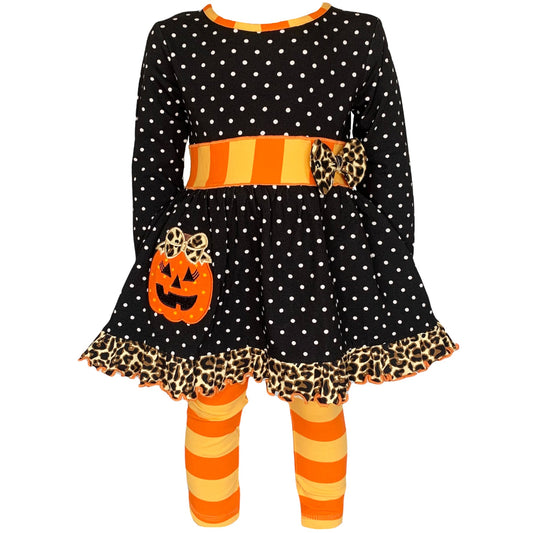 AnnLoren Girls' Halloween Orange Pumpkin Polka Dot Dress & Leggings Outfit