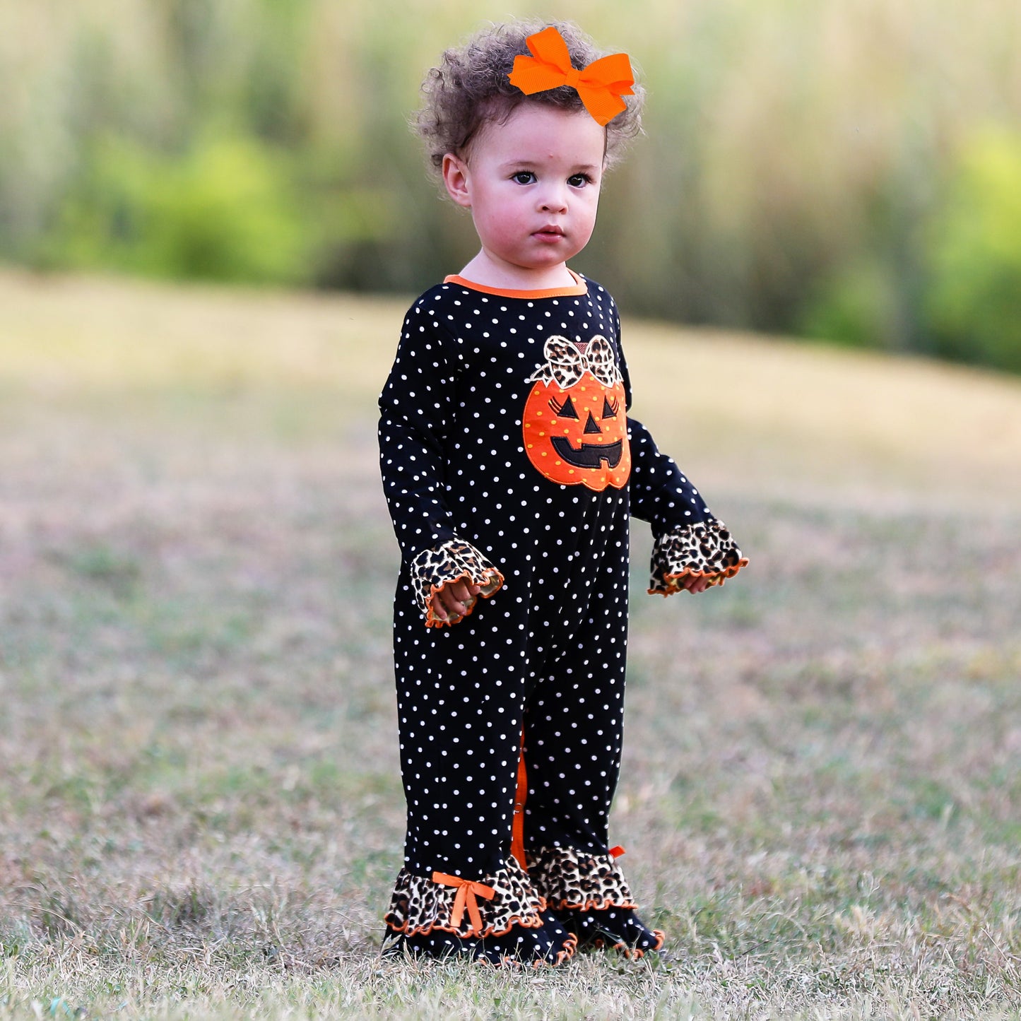 AnnLoren Baby Girls Orange pumpkin Jack O Lantern Halloween Romper