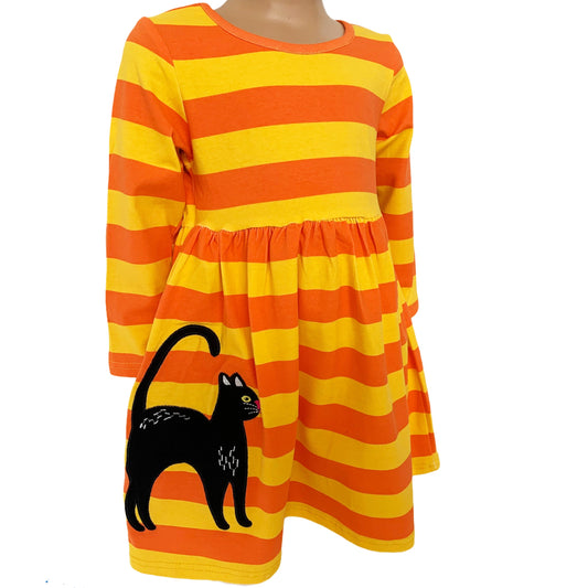 AnnLoren Girls Boutique Black Cat Orange Striped Halloween Dress