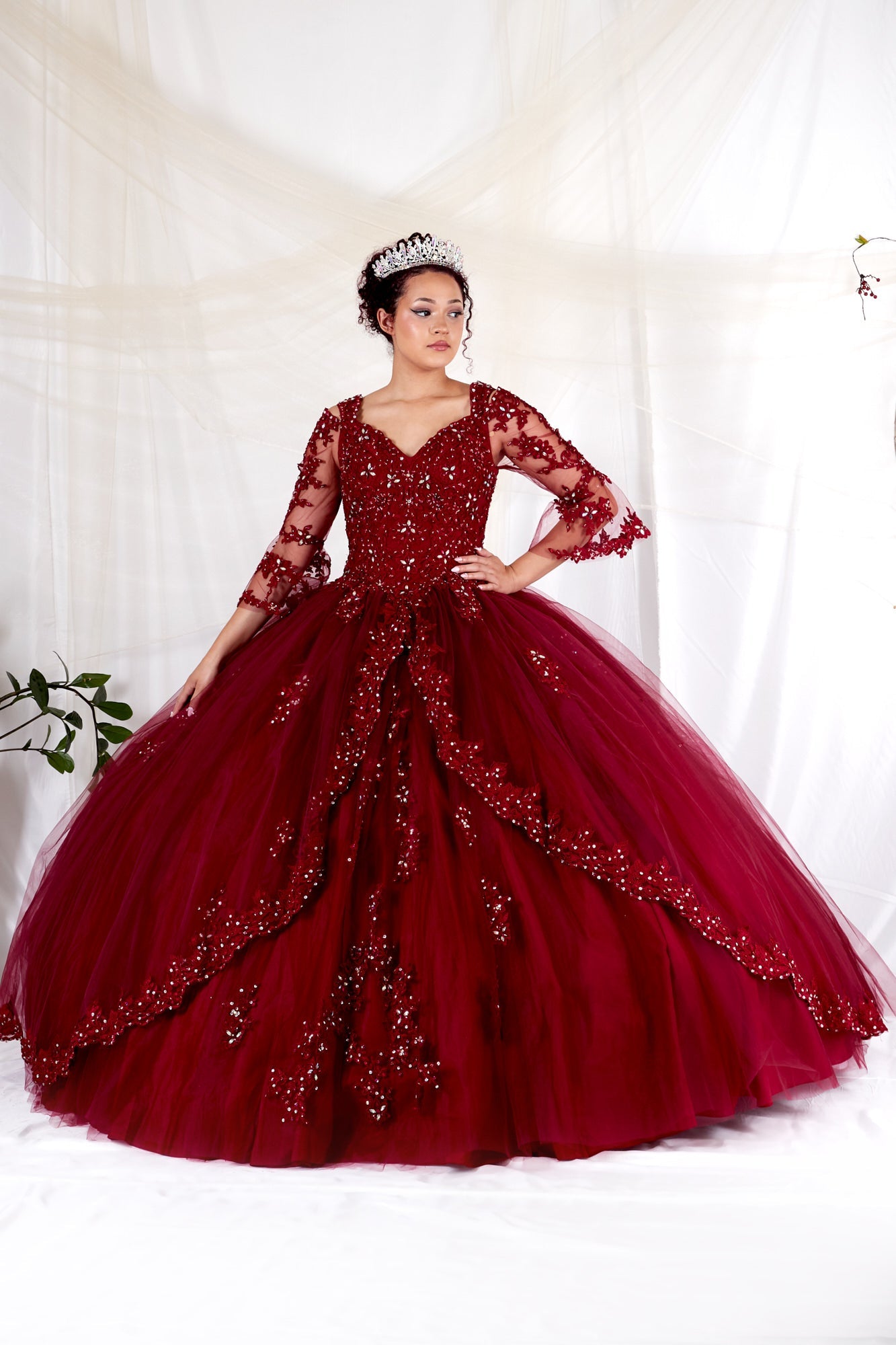 Spectacular full-length ball gown skirt showcasing an innovative layout of alternating pleated mesh waves on Calla Collection KY-70029